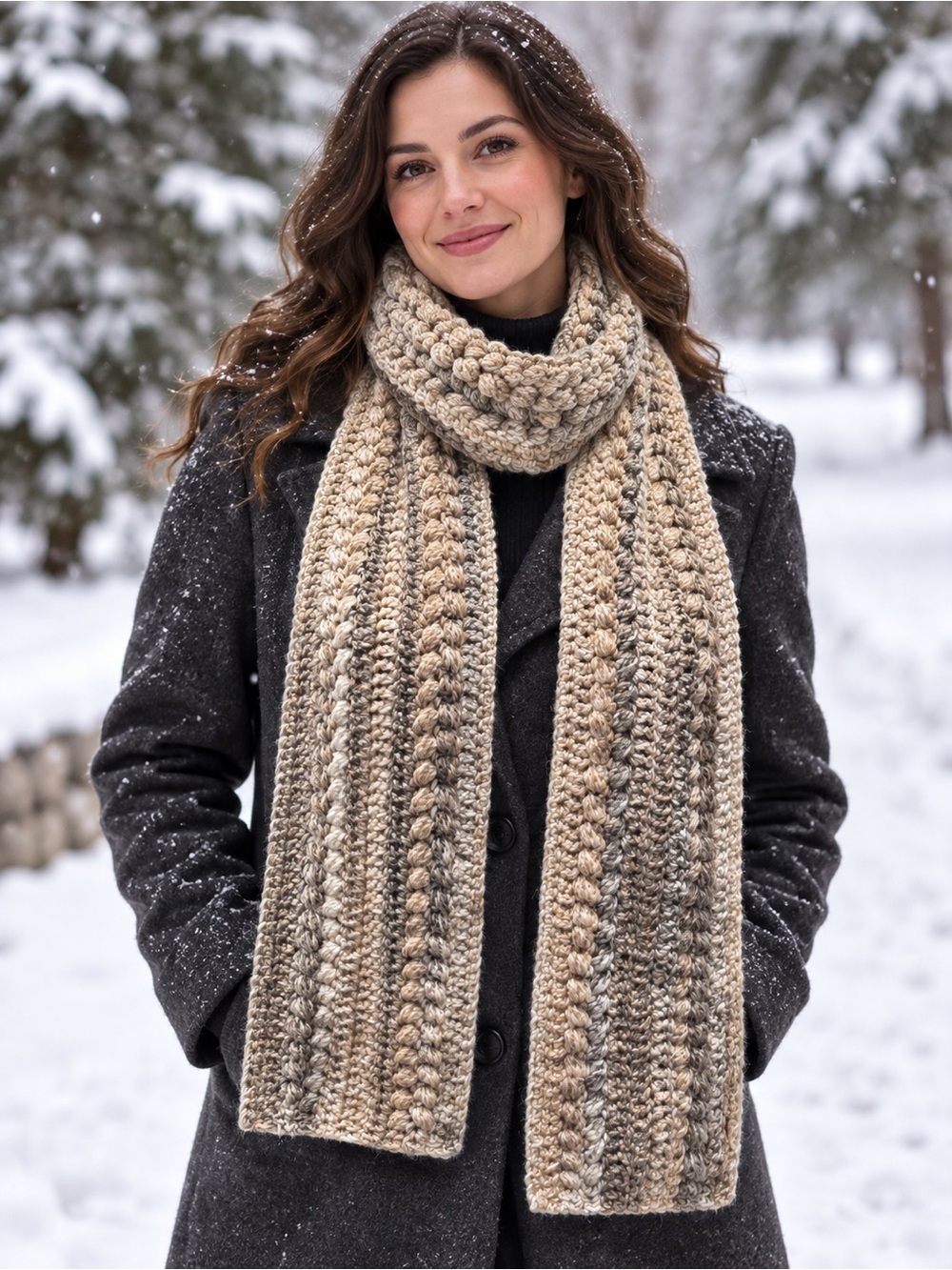 Handmade Crochet Scarf Beige Taupe Gray Textured Winter Scarf
